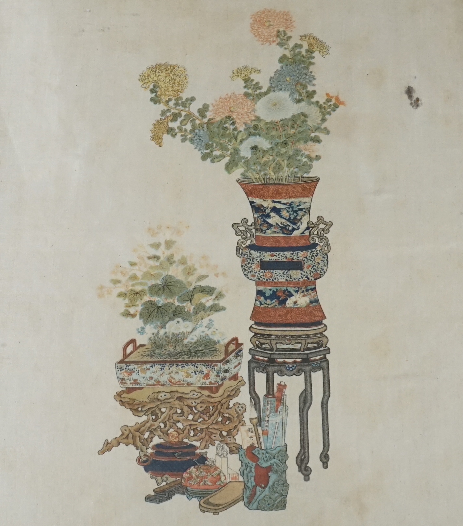 A Chinese print on silk of a plant stand and jardiniere. 28 x 24cm